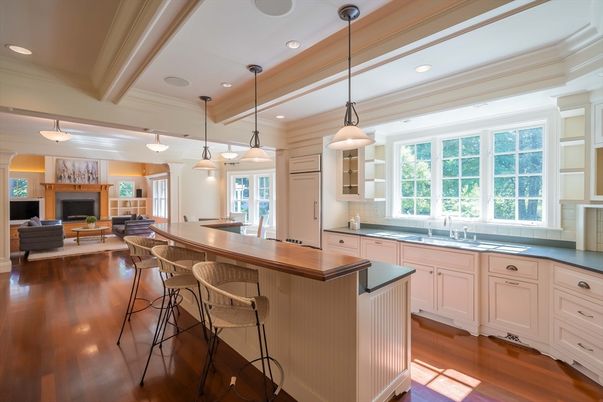 Fireplace, Interior, Kitchen, Living room, Pendant Lights, Recessed Lighting, Wood Texture Flooring