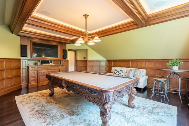 Billiard Table, Game Room, Interior, Pendant Lights, Wood Texture Flooring