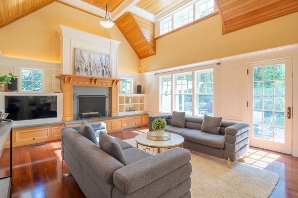 Fireplace, Interior, Living room, Pendant Lights, Wooden Ceilings, Wood Texture Flooring