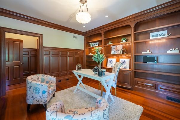 Home Office, Interior, Pendant Lights, Recessed Lighting, Wood Texture Flooring