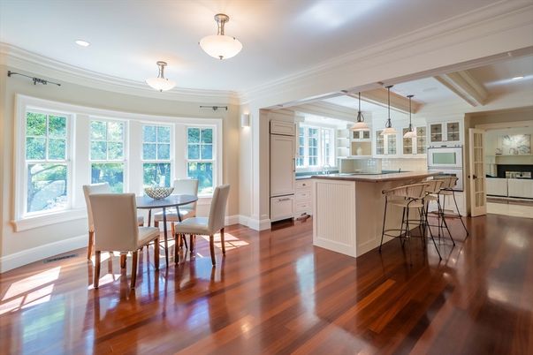 Dining room, Interior, Kitchen, Pendant Lights, Recessed Lighting, Wood Texture Flooring