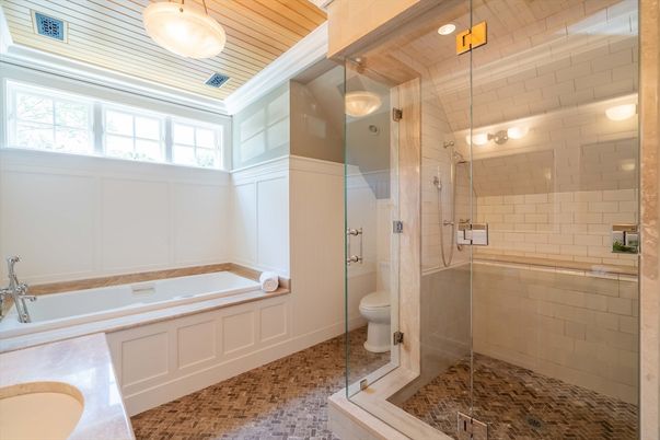 Bathroom, Glass Shower, Interior, Pendant Lights, Wooden Ceilings