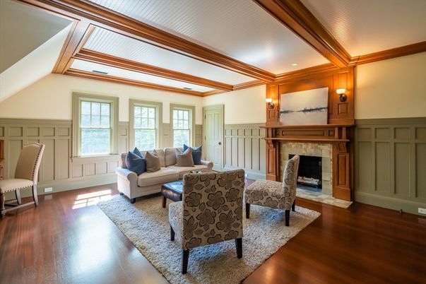 Fireplace, Interior, Living room, Recessed Lighting, Wood Texture Flooring