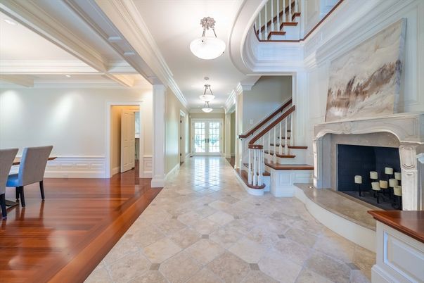 Fireplace, Interior, Pendant Lights, Recessed Lighting, Wood Texture Flooring
