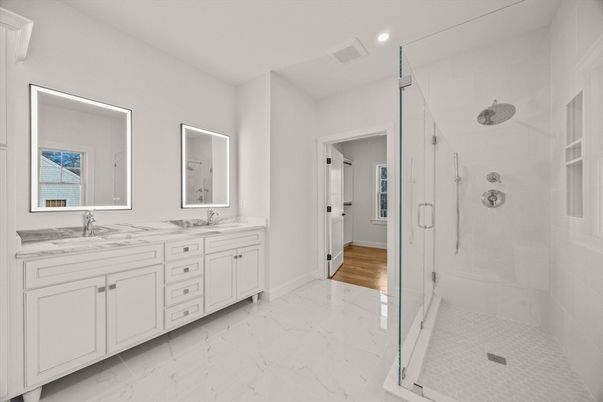 Bathroom, Dual Sink Vanities, Glass Shower, Interior, Marble, Recessed Lighting
