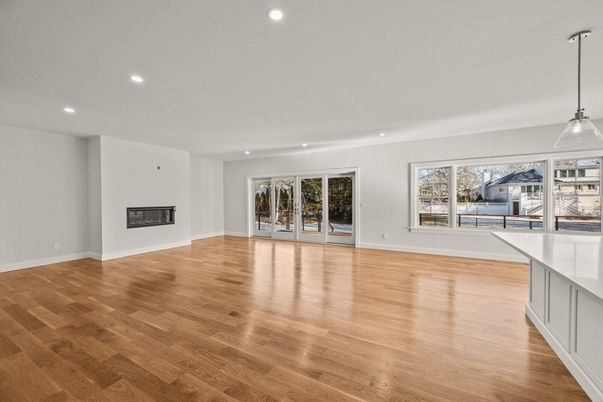 Empty room, Fireplace, Interior, Pendant Lights, Recessed Lighting, Wood Texture Flooring