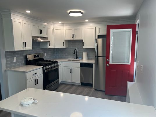 Interior, Kitchen, Recessed Lighting, Stainless Steel Appliances, Wood Texture Flooring