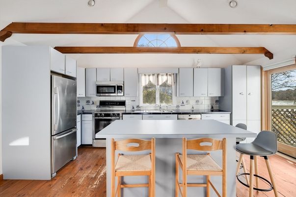 Interior, Kitchen, Recessed Lighting, Stainless Steel Appliances, Wooden Beams, Wood Texture Flooring