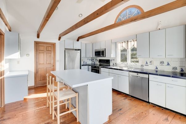Interior, Kitchen, Recessed Lighting, Stainless Steel Appliances, Wooden Beams, Wood Texture Flooring