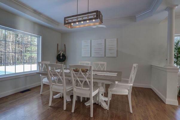 Dining room, Interior, Pendant Lights, Wood Texture Flooring