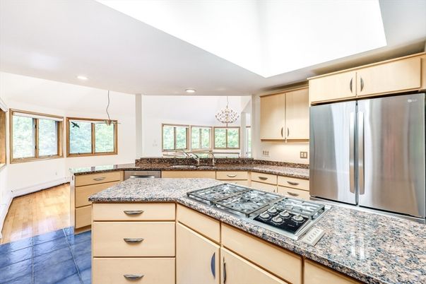 Chandelier, Interior, Kitchen, Pendant Lights, Recessed Lighting, Stainless Steel Appliances, Wood Texture Flooring