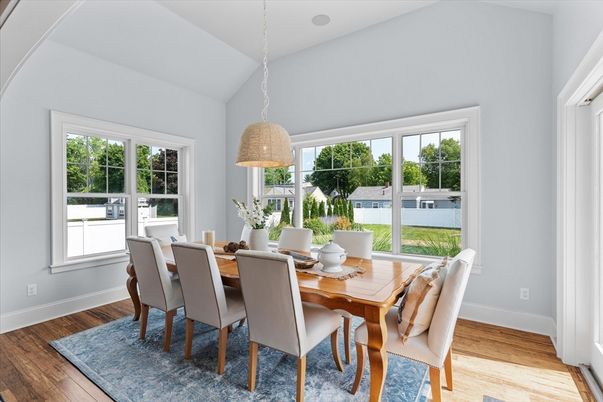 Dining room, Interior, Pendant Lights, Wood Texture Flooring