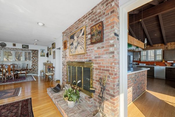 Dining room, Fireplace, Interior, Kitchen, Stone Walls, Wooden Beams, Wooden Ceilings, Wood Texture Flooring