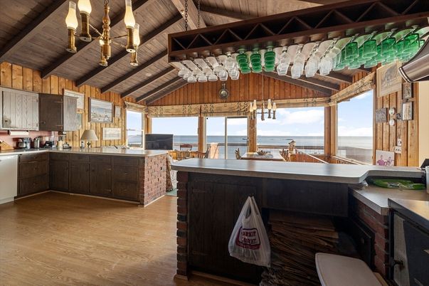 Chandelier, Interior, Kitchen, Water, Wooden Beams, Wooden Ceilings, Wood Texture Flooring, Wooden Walls
