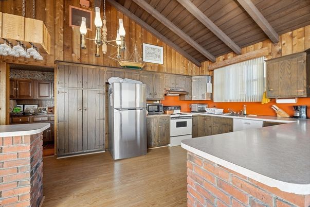 Interior, Kitchen, Pendant Lights, Wooden Beams, Wooden Ceilings, Wood Texture Flooring, Wooden Walls