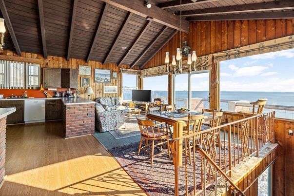 Dining room, Interior, Living room, Pendant Lights, Water, Wooden Beams, Wooden Ceilings, Wood Texture Flooring, Wooden Walls
