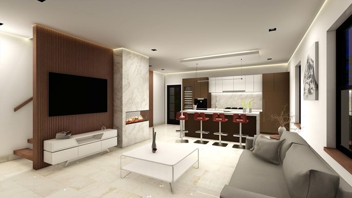 Fireplace, Interior, Kitchen, Living room, Marble Walls, Pendant Lights, Recessed Lighting, Stainless Steel Appliances
