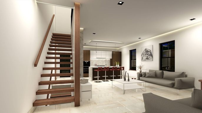 Interior, Kitchen, Living room, Marble Walls, Pendant Lights, Recessed Lighting