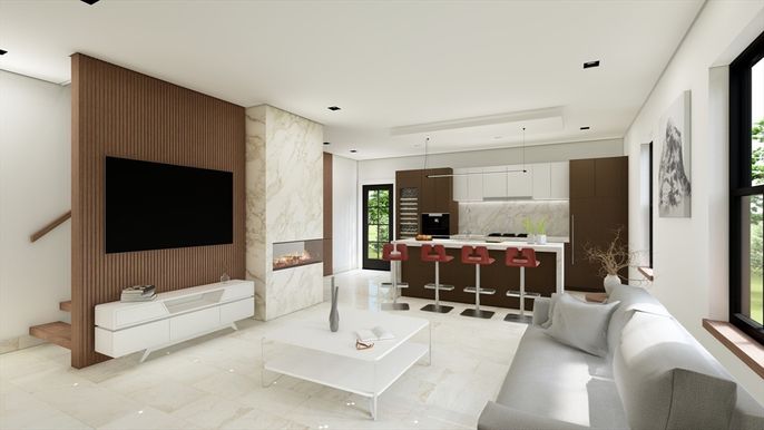 Fireplace, Interior, Kitchen, Living room, Marble Walls, Pendant Lights, Recessed Lighting