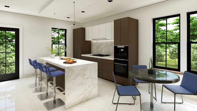 Interior, Kitchen, Marble, Pendant Lights, Recessed Lighting, Stainless Steel Appliances