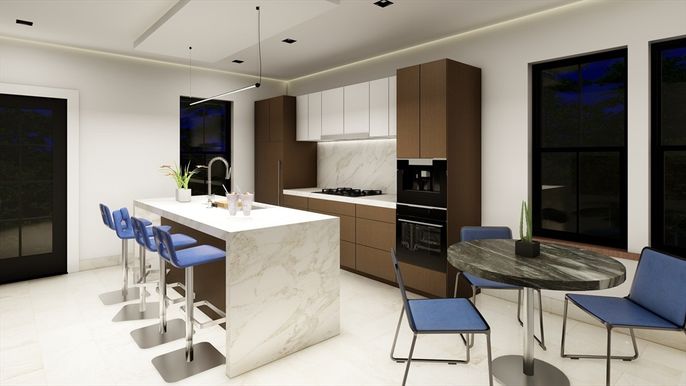 Interior, Kitchen, Marble Walls, Pendant Lights, Recessed Lighting, Stainless Steel Appliances