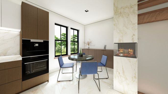 Dining room, Fireplace, Interior, Kitchen, Marble Walls, Recessed Lighting, Wooden Beams