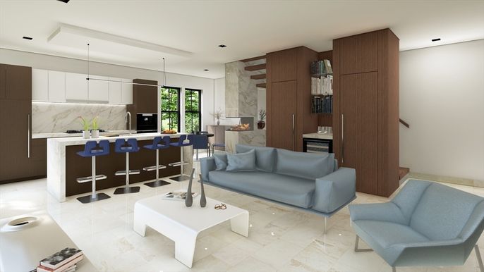 Interior, Kitchen, Living room, Marble Walls, Pendant Lights, Recessed Lighting