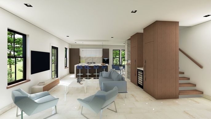 Interior, Living room, Marble Walls, Pendant Lights, Recessed Lighting