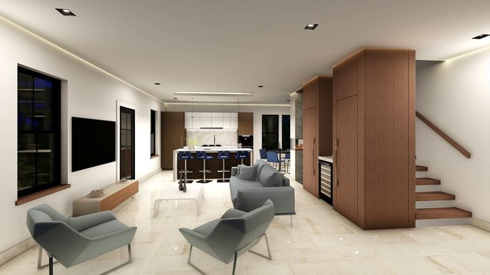 Interior, Kitchen, Living room, Marble Walls, Pendant Lights, Recessed Lighting