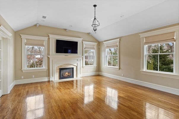 Empty room, Fireplace, Interior, Pendant Lights, Wood Texture Flooring