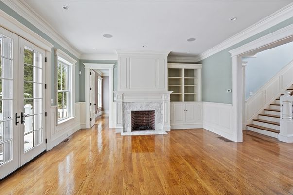 Empty room, Fireplace, Interior, Recessed Lighting, Wood Texture Flooring