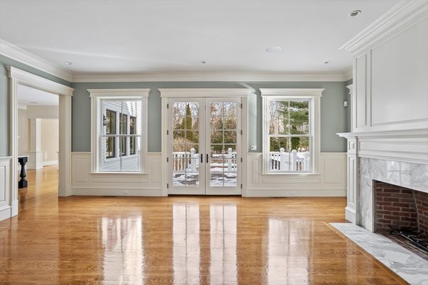 Empty room, Fireplace, Interior, Recessed Lighting, Wood Texture Flooring