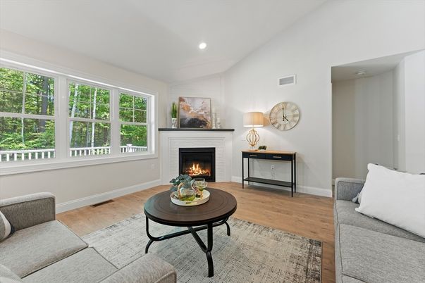 Fireplace, Interior, Living room, Recessed Lighting, Wood Texture Flooring