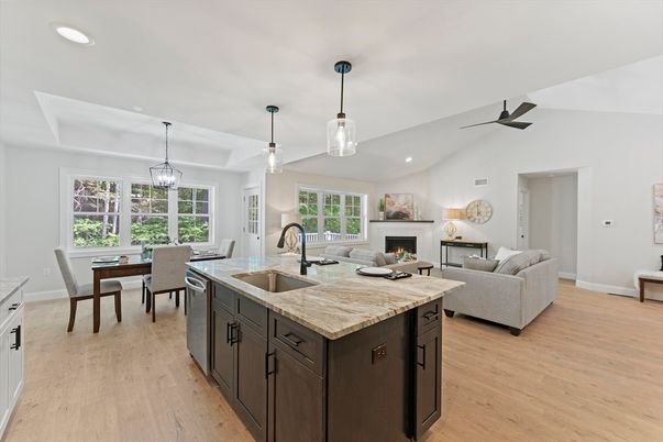 Dining room, Fireplace, Interior, Kitchen, Living room, Pendant Lights, Recessed Lighting, Wood Texture Flooring