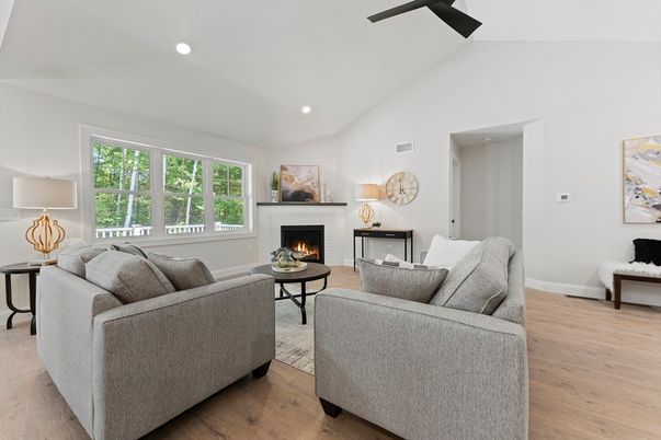 Fireplace, Interior, Living room, Recessed Lighting, Wood Texture Flooring
