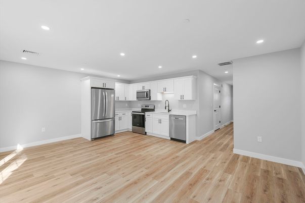 Interior, Kitchen, Recessed Lighting, Stainless Steel Appliances, Wood Texture Flooring