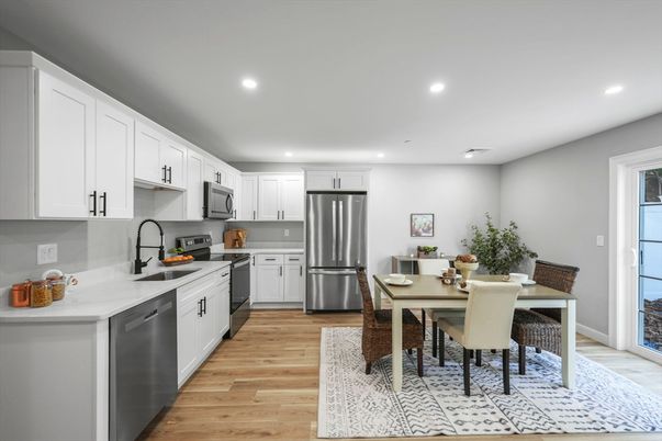 Dining room, Interior, Kitchen, Recessed Lighting, Stainless Steel Appliances, Wood Texture Flooring