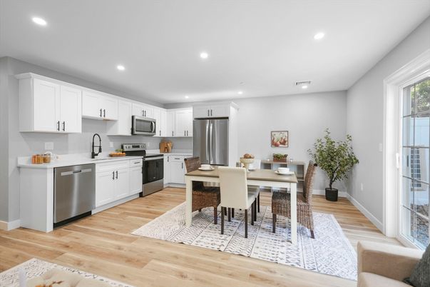 Dining room, Interior, Kitchen, Recessed Lighting, Stainless Steel Appliances, Wood Texture Flooring