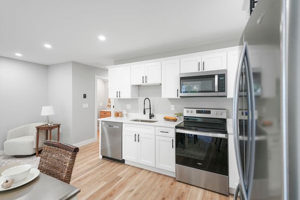 Interior, Kitchen, Recessed Lighting, Stainless Steel Appliances, Wood Texture Flooring