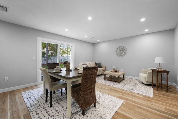 Dining room, Interior, Living room, Recessed Lighting, Wood Texture Flooring