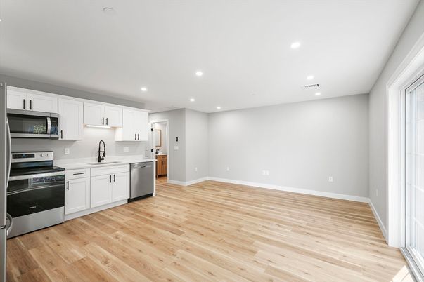 Interior, Kitchen, Recessed Lighting, Stainless Steel Appliances, Wood Texture Flooring