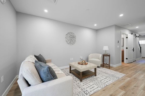 Interior, Living room, Recessed Lighting, Wood Texture Flooring