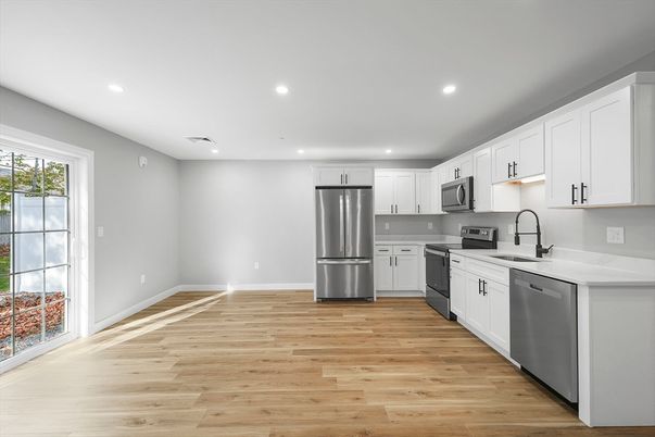 Interior, Kitchen, Recessed Lighting, Stainless Steel Appliances, Wood Texture Flooring