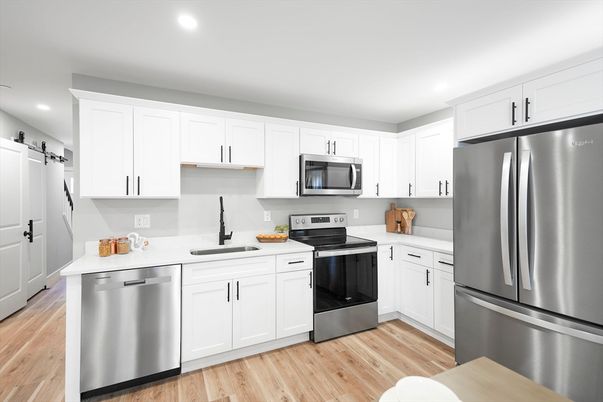 Interior, Kitchen, Recessed Lighting, Stainless Steel Appliances, Wood Texture Flooring