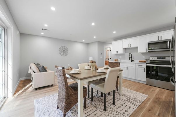 Dining room, Interior, Kitchen, Recessed Lighting, Stainless Steel Appliances, Wood Texture Flooring