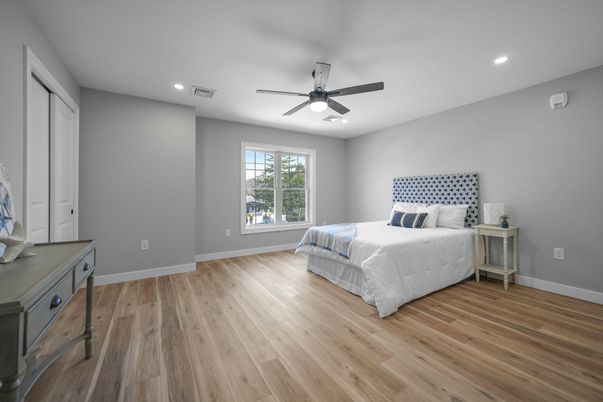 Bedroom, Interior, Recessed Lighting, Wood Texture Flooring