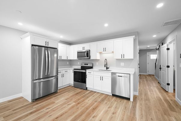 Interior, Kitchen, Recessed Lighting, Stainless Steel Appliances, Wood Texture Flooring