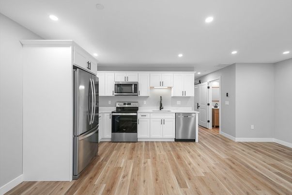 Interior, Kitchen, Recessed Lighting, Stainless Steel Appliances, Wood Texture Flooring