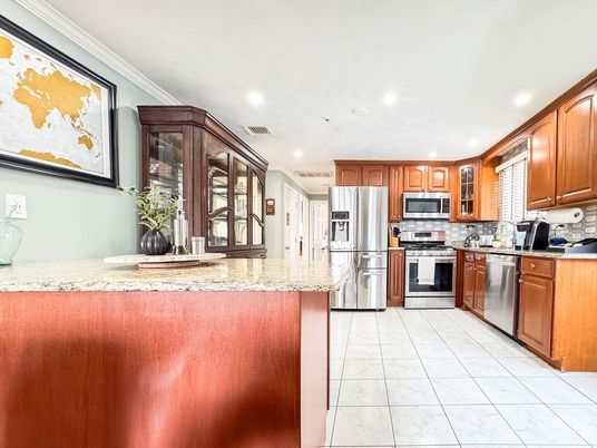 Interior, Kitchen, Marble, Recessed Lighting, Stainless Steel Appliances