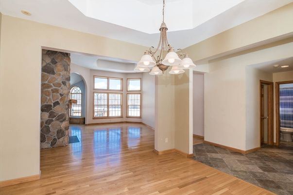 Chandelier, Empty room, Interior, Pendant Lights, Stone Walls, Wood Texture Flooring